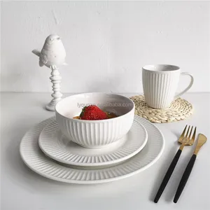 16pcs embossed ceramic dinnerware, ceramic embossed dinner set plain white