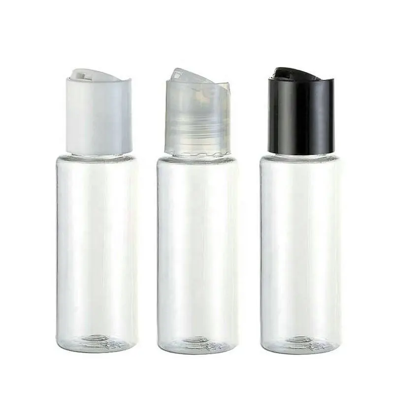 Botellas de plástico PET de 10ml-250ml, botellas rellenables transparentes y blancas con tapa abatible de disco de prensa para champú, lociones, cremas