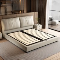 Lit double moderne haut de gamme avec cadre en bois touffeté Sac en cuir souple Boîte de rangement haute pour chambre principale Style minimaliste