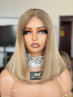 SHY Perruque Lace Front en Cheveux Vierges Premium, Couleur Balayage, Style Bob, Nœuds Décolorés avec Ligne de Cheveux Naturelle pour Femme