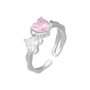 Double Heart Open Ring Pink White Color <b>Block</b> Adjustable Index Finger Ring Prong Setting Luxury Jewelry Gift - Product Image 5