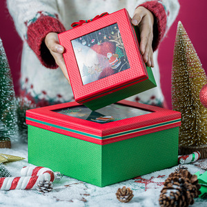 Christmas Gift Box <b>Square</b> Rigid Paperboard Red Green With Window Four-Color Printing Ribbon Decorative - Product Image 3