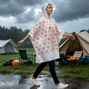 Poncho de Lluvia Desechable de PE con Impresión Personalizada, Diseño Floral Blanco y Rosa Sakura, Capucha Impermeable para Adultos, Ideal para Festivales y Viajes, OEM - Product Image 3