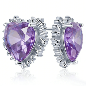 Pendientes de tuerca de amatista con corte de corazón, aleación chapada en plata, regalo de joyería romántica para mujer - Product Image 2