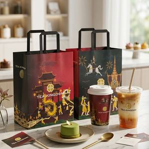 Custom Eco-Friendly <b>Biodegradable</b> Kraft Paper Bags with Handle for Beverage Coffee Takeaway <b>Packaging</b> - Product Image 1