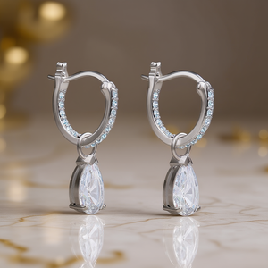 Orecchini a Cerchio in Argento 925 Bianco Champagne con Pendente a Goccia di Cristallo Placcato in Rodio Gioielli Classici da Donna per Uso Quotidiano - Product Image 2