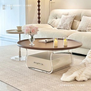 French Style <b>Round</b> Coffee <b>Table</b> 90cm Acrylic Base Wood Top Modern Living Room Furniture - Product Image 4