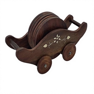 Wooden Coaster Set With Carriage Design Engraved Floral Pattern Portable Traditional Chinese Style Art decor <b>table</b> coasters Home - Product Image 1