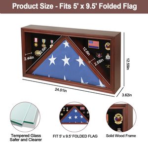 2026 vitrine de drapeau d'inhumation pour drapeau d'inhumation vétéran et médailles boîte d'ombre en bois massif avec rectangle en verre véritable acajou - Product Image 2