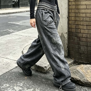 Pantalon de jogging ample en coton délavé personnalisé pour homme, taille élastique avec cordon de serrage, style streetwear - Product Image 2