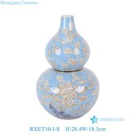 RXET10-I-S Bouteille en forme de gourde bleue avec motif floral et d'oiseaux de couleur brunâtre