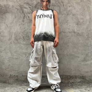 100% Cotton Men's Gray Detachable Cargo Jeans-<b>Stretch</b> <b>Denim</b> Stonewashed Hip Hop Skate Pants with Breathable Design - Product Image 1