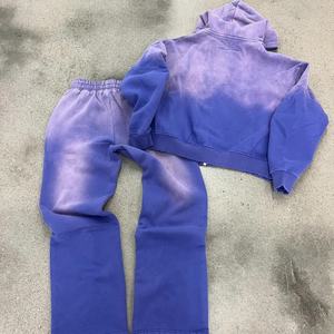 Custom Distressed <b>Embroidery</b> Patch Hoodie Acid Wash Boxy Fit Vintage Zip Men's Cotton Sweatpants & Jogger Tracksuit <b>Set</b> - Product Image 3