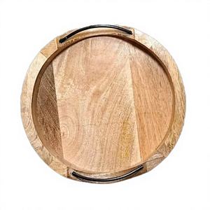 Plateau de service rond en bois moderne et durable fait à la main avec poignée en fer, compatible lave-vaisselle, pour cuisine, table à manger, plateau décoratif pour ottoman - Product Image 2