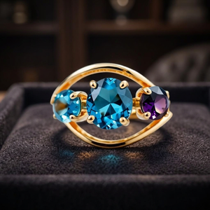Anillo Hecho a Mano con Baño de Rodio, Plata de Ley 925, Oro Vermeil, Topacio Azul y Cuarzo Amatista Azul, para Boda - Product Image 3