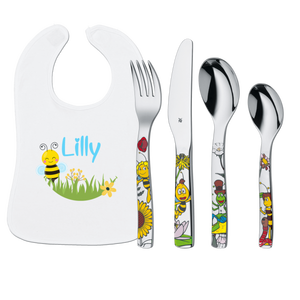 WMF Posate per Bambini Biene Maja (4 pezzi) con incisione + Bavaglino con nome - Product Image 1