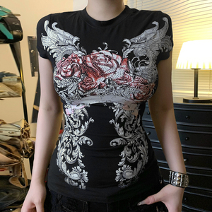 Vintage Gothic Print Slim Fit T Shirt Women Short Sleeve Crew Neck Graphic Tee Y2K Street Style Casual Summer Top - Product Image 6