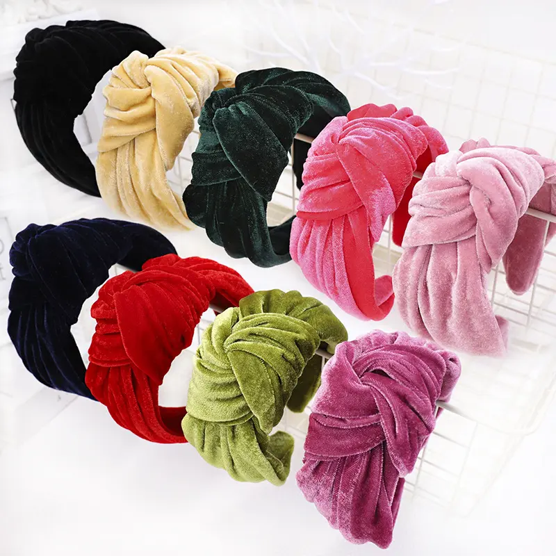 New solid color golden velvet hair band elastic 9 color top knot headband for lady