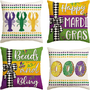 Funda de Almohada HLC Mardi Gras Zone con Diseño de Flor de Lis, Fundas de Almohada con Cuentas de Mardi Gras, Máscara, Corona, Diseño de Langosta, Decoración - Product Image 2