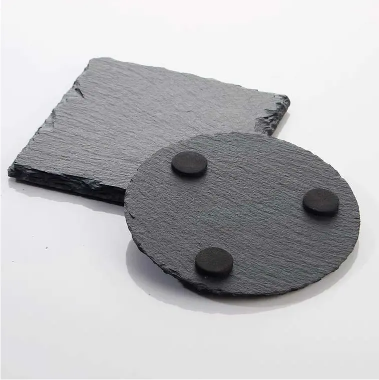 4'' 10Cm Manufacturing Natural Square Round Black Slate Stone Coaster with Holder//