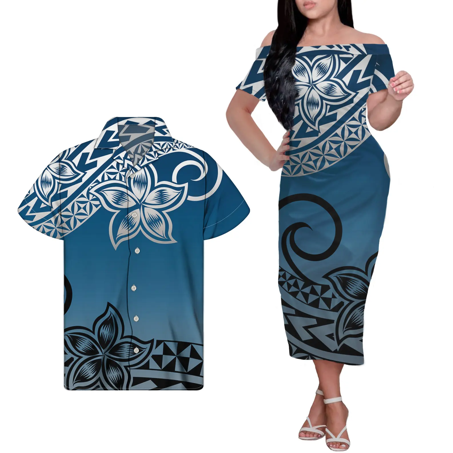 Factory Price Cheap Casual Woman Dress Matching Men Shirt Blue Polynesian Tribal Elegant One Shoulder Dress Women Long Dress