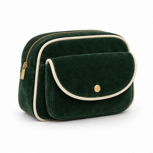 Pochette Cosmétique Mignonne à Double Fermeture Éclair, Tissu Peluche Vert Foncé avec Bordure Crème, Trousse de Toilette Personnalisable avec Logo, Cadeau en Polyester - Product Image 3