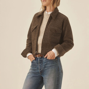 Chaqueta Bomber de mezcla de lana para mujer, cuello alto, cierre de cremallera, longitud recortada, manga larga, cálida para otoño, color sólido - Product Image 1