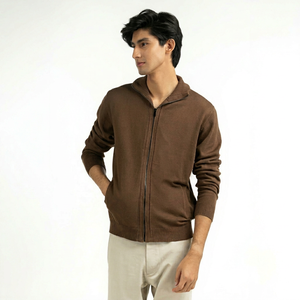 Pull unisexe marron tricoté à fermeture éclair, coupe classique, couleur unie, décontracté, pour l'automne, col montant, 100 % coton respirant, imprimé en relief - Product Image 1