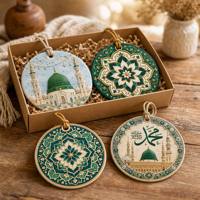 Pendentif de voiture musulman en résine UV personnalisée, motif mosquée 3D verte et dorée, croissant et étoile, article de présentation, calligraphie arabe, cadeau, vente en gros, OEM