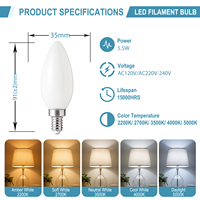 Ampoule LED à filament bougie B11 C35 5,5W à économie d'énergie, dimmable, 2700K CRI90, verre givré blanc pour éclairage décoratif