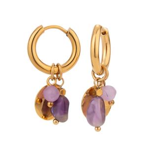 Boucles d'oreilles européennes et américaines en acier inoxydable avec motif martelé en pierre naturelle, style rétro pour femmes - Product Image 1