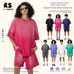 कस्टम पुरुषों के ढीले फिट क्रॉस-बॉर्डर धोया स्प्रे बंदर शॉर्ट-आस्तीन टी-शर्ट शॉर्ट्स सूट ठोस यूरोप अमेरिका डिजाइन - Product Image 2