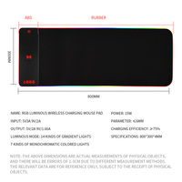 Tapis de souris personnalisé XXXL à chargement sans fil RVB lumineux Tapis de bureau avec base en caoutchouc et éclairage RVB