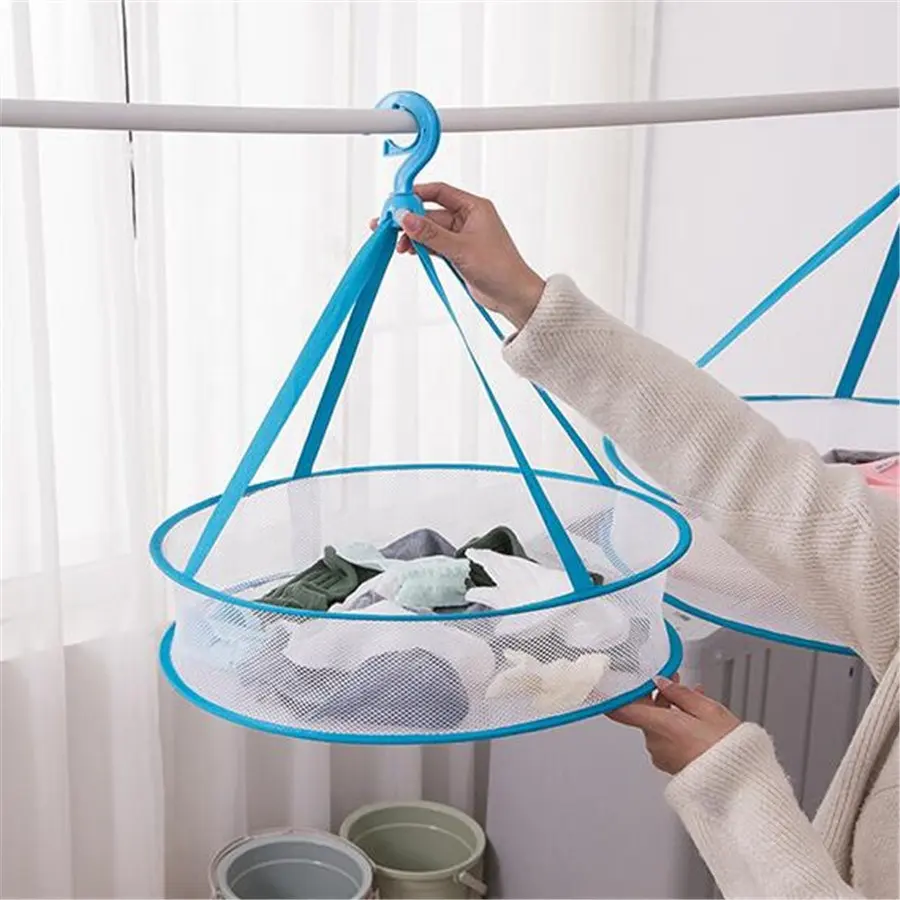 Multi-Layer Foldable Mesh Laundry Bag Hanger Stainless Steel and Cloth with Metal Double Tiers for Outdoor Drying and Storage