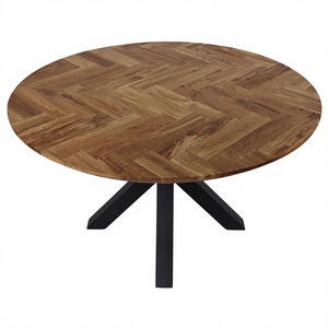 American Style Round <b>Wooden</b> Dining Table Herringbone <b>Top</b> Industrial Modern Metal Cross Base Furniture - Product Image 1