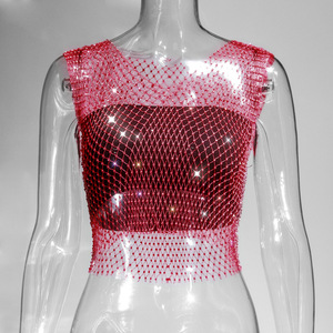 Débardeur sexy en <span class=keywords><strong>maille</strong></span> transparente pour <span class=keywords><strong>femme</strong></span>, orné de strass brillants, style résille ajourée, crop top, idéal pour la plage, les soirées et les clubs - Product Image 6