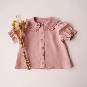 Boutique frilled linen little toddler girls t-shirts short sleeve blouse summer custom collared children girl t shirts