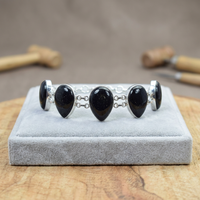 SOUMYA CREATIONS Pulsera de Cadena de Plata de Ley 925 con Piedra Preciosa de Ónix Negro, Bañada en Rodio, Diseño de Gota de Agua y Flor, Oro Rosa