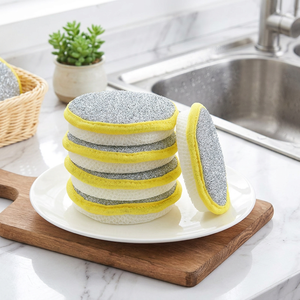 Éponge de cuisine ronde double face avec tampon à récurer en fil d'acier, bloc de nettoyage réutilisable pour casseroles, poêles et éviers - Product Image 6