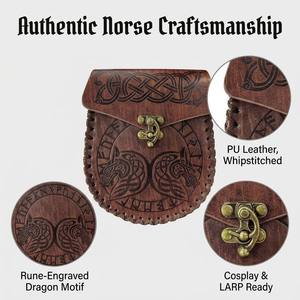 Borsa a Vita Vintage Nordica Pelle PU Goffrata Vichingo Drago Lupo Medievale Cosplay LARP Accessorio Costume - Product Image 3