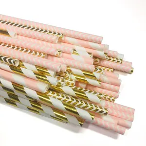 Высококачественные свадебные украшения, биоразлагаемые Разноцветные бумажные соломинки в розово-золотую полоску