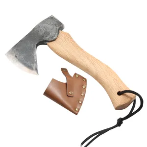 10 inch Compact Camping Hatchet Wooden Handle Carbon Steel Axe With Leather Case for Carving