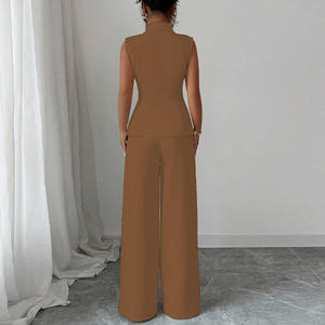 Conjunto de 2 Piezas para Mujer, Elegante, Estampado Sólido, Chaleco sin Mangas con Cuello y Pantalones Rectos, para Verano, Informal, de Punto, para Uso Diario - Product Image 4