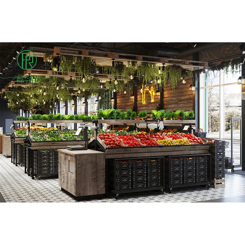 Pioneer Classical Double Side Wood Metal Supermarket Fruit Vegetable Bread Display Shelf