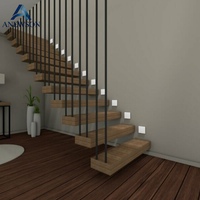 Escalier flottant moderne en acier et bois pour villa intérieure avec garde-corps en verre, sûr et durable