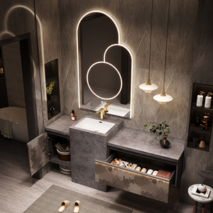 Mueble de Baño Moderno y Estación de Maquillaje con <span class=keywords><strong>Espejo</strong></span> LED Inteligente <span class=keywords><strong>Antivaho</strong></span>, con Área de Maquillaje Integrada y Espacio de Almacenamiento - Product Image 4