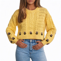 Pull court tricoté personnalisé à col rond avec motif floral 3D marguerite pour femme, pull court tricoté à manches bouffantes