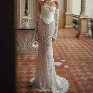 Robe de mariée sirène en crêpe, taille plus, <span class=keywords><strong>avec</strong></span> appliques, manches amovibles, dentelle perlée, corset, nouvelle collection, vente chaude, S0575N - Product Image 1