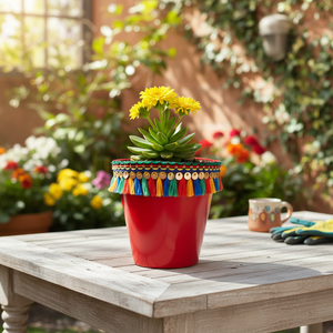 NF Lauren Red Tassel Ethnic Decorative Eco-friendly UV-Proof <b>Plastic</b> <b>Planter</b> Hand Painted Boho Small to Medium Desktop Face Pot - Product Image 3