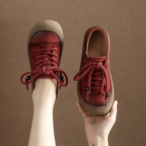 Chaussures plates en cuir véritable pour femmes, style rétro, couleur délavée, bout rond, décontractées, polyvalentes, pour étudiantes, baskets quotidiennes - Product Image 1